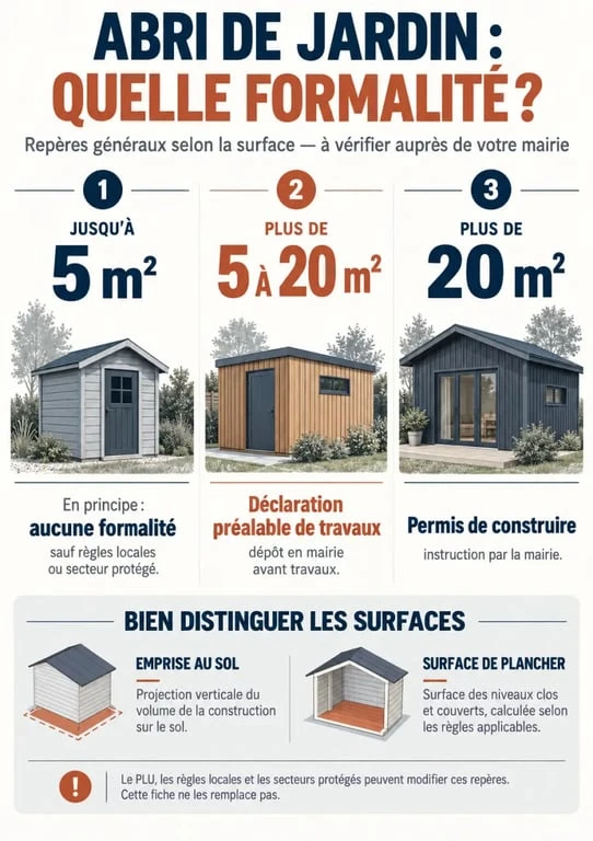 Infographie sur la déclaration de travaux pour un abri de jardin et les seuils de surface
