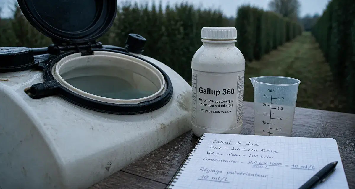 Gallup 360 dosage par litre d'eau, gobelet gradué pour préparer la bouillie