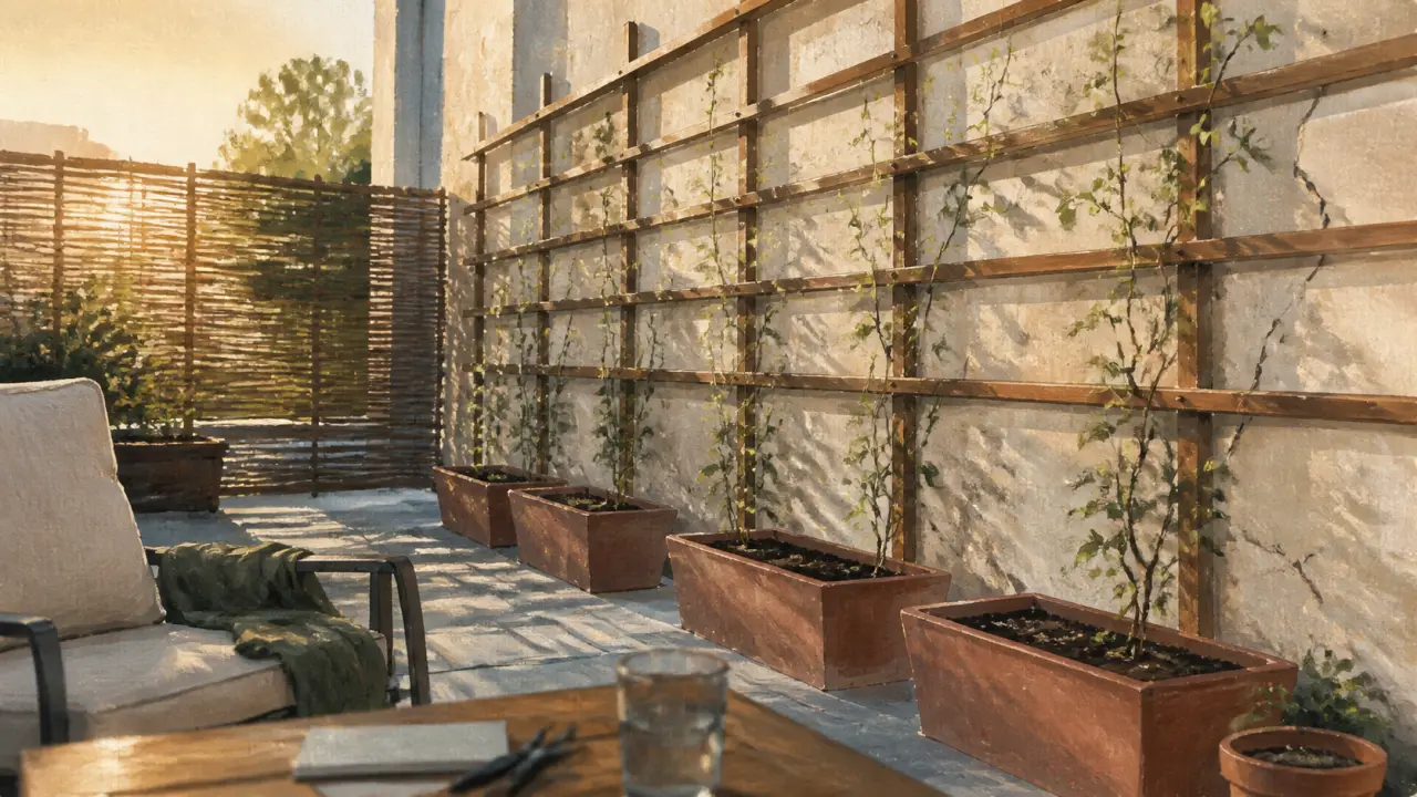Idée pour cacher un mur exterieur avec treillis bois et plantes grimpantes
