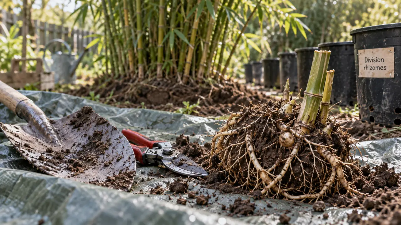 Bouture bambou par division de rhizomes, outils et motte au jardin